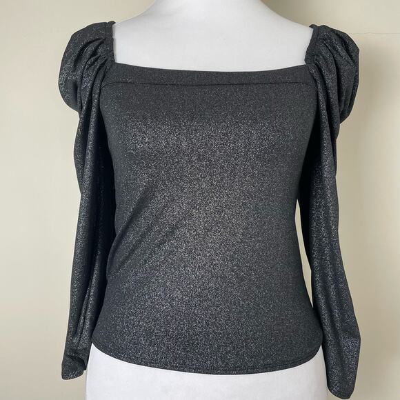 Open Edit Black Metallic Puff Sleeve Sparkle Evening Top - Size Medium - Picture 2 of 7